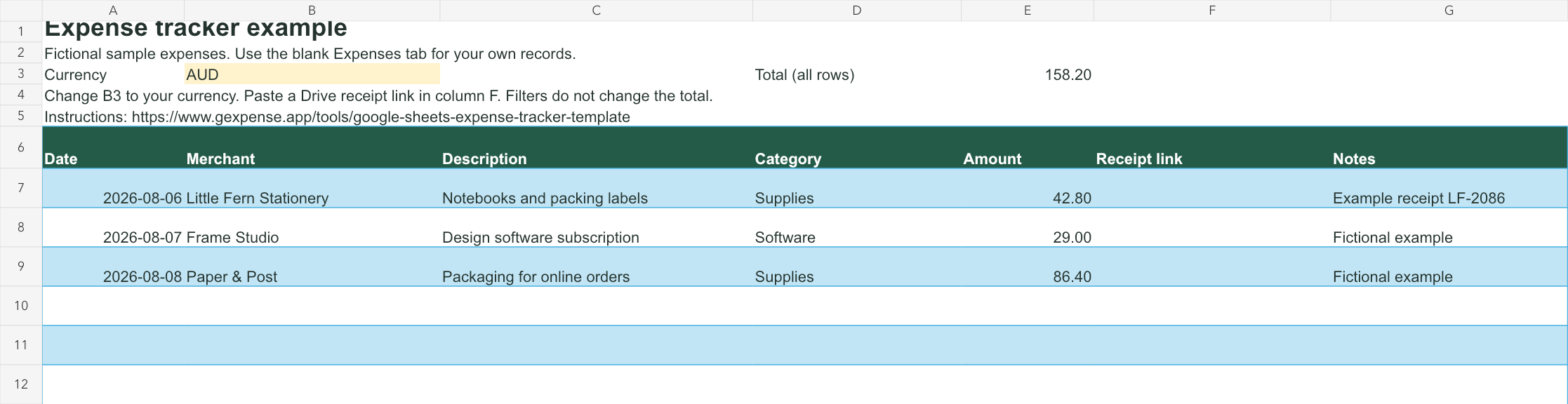 Expense tracker workbook preview showing three fictional expense rows with a total of AUD 158.20